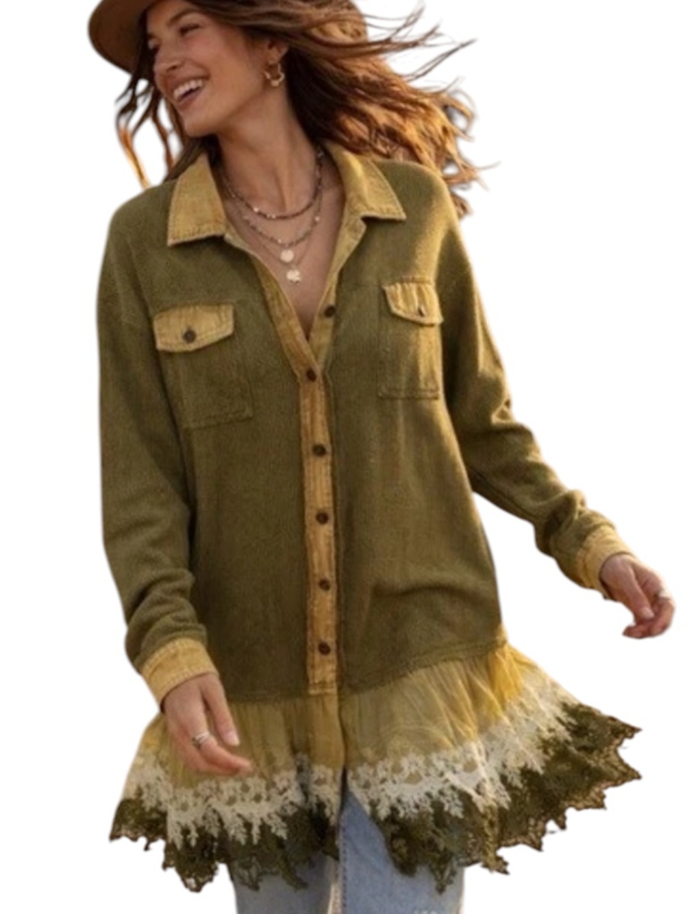 Jaded Gypsy L/XL Olive Waffle Knit Duster/Dress Lace Trim Hem GORGEOUS - Picture 7 of 12